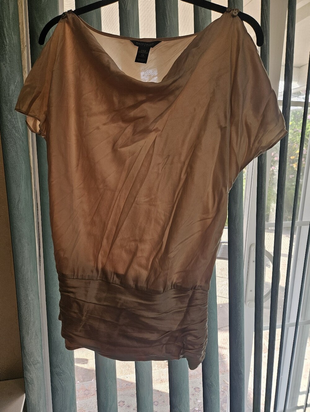 White House Black Market Taupe Satin Short-Sleeve Blouse